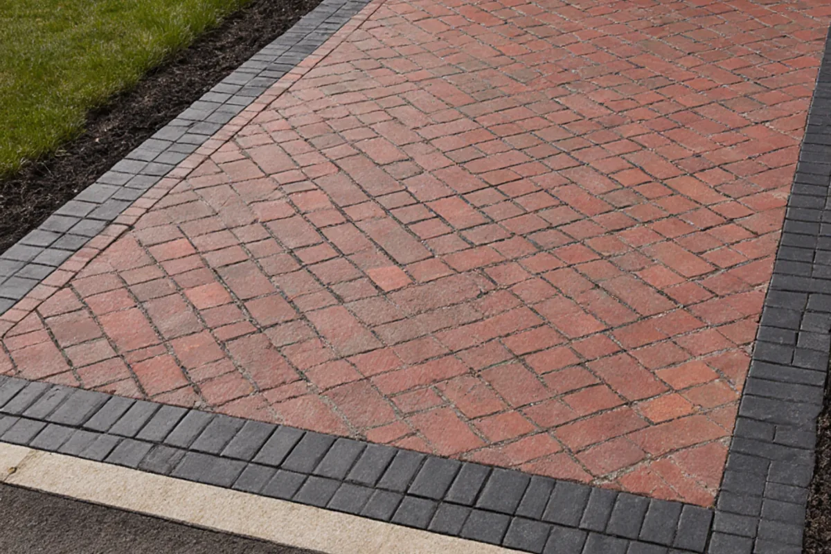 Red herringbone block paved driveway entrance with a restrained charcoal border