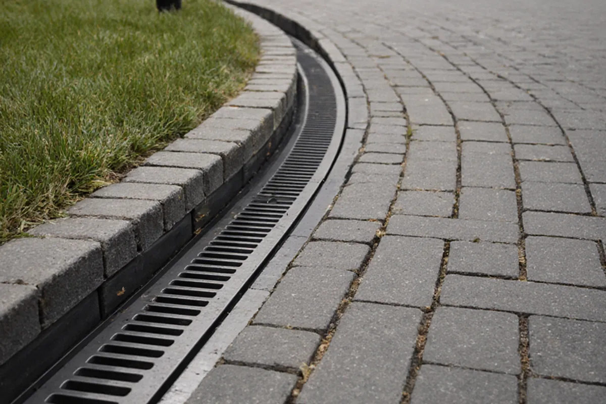 Linear drainage channel fitted between restrained charcoal block paving and a grass edge