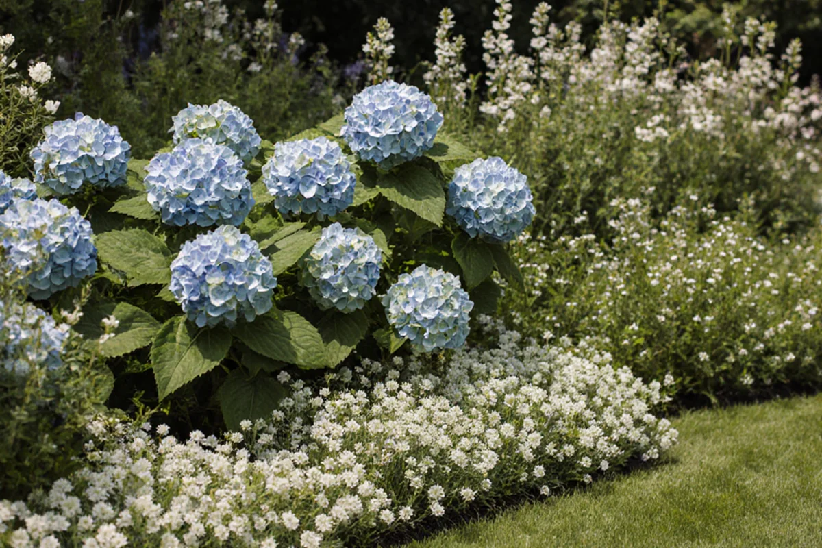 Hydrangeas and white flowering perennials arranged in a finished garden border