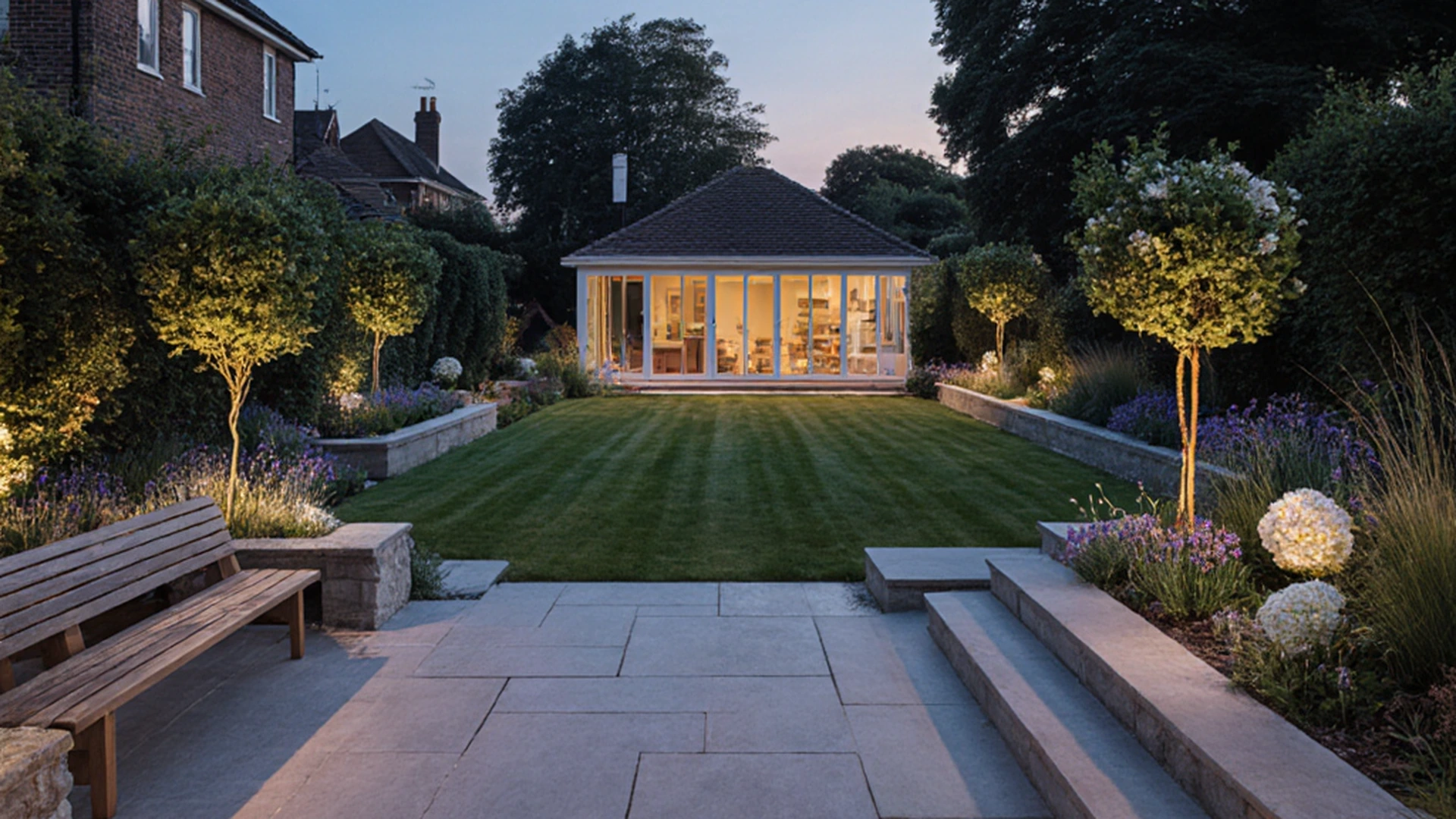 Landscaped rear garden with a paved terrace, central lawn and layered planting lit at dusk