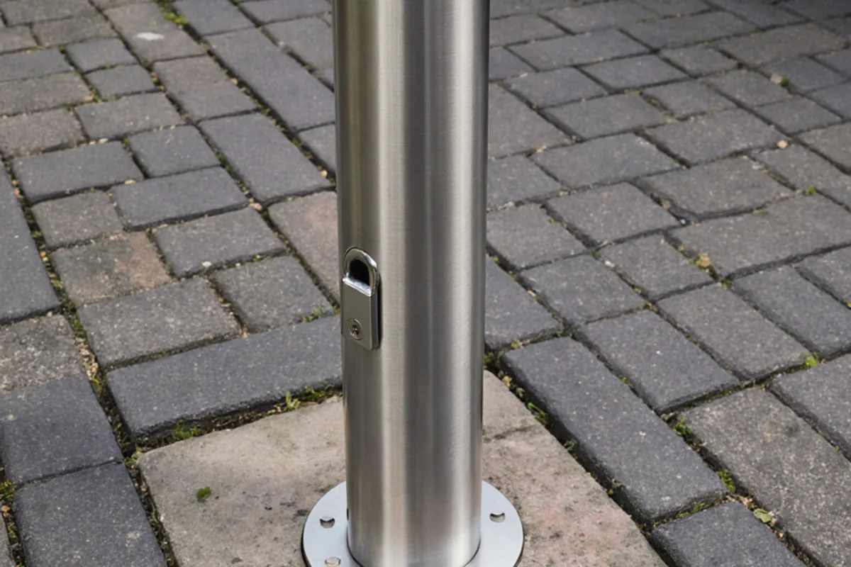 Brushed steel security post installed neatly into charcoal block paving