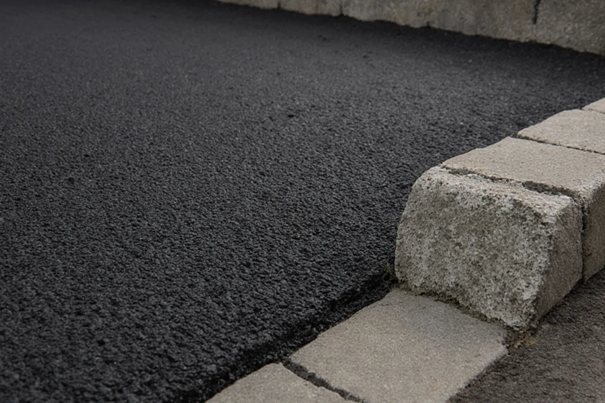 Close view of smooth tarmac meeting a restrained concrete block kerb