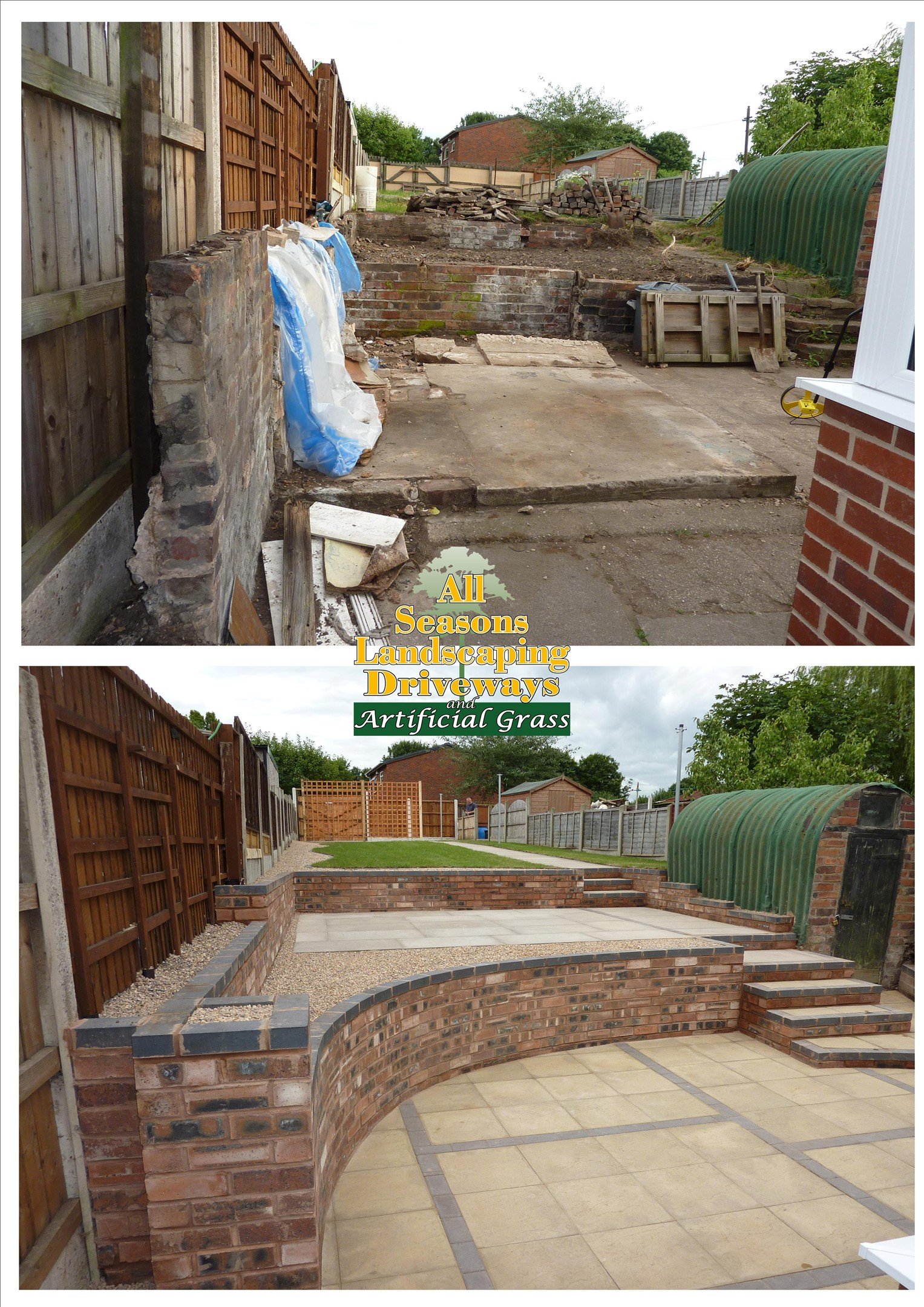 Terraced rear garden in Streetly with oak sleeper retaining, porcelain patio at the upper level and a real turf lawn on the lower terrace.