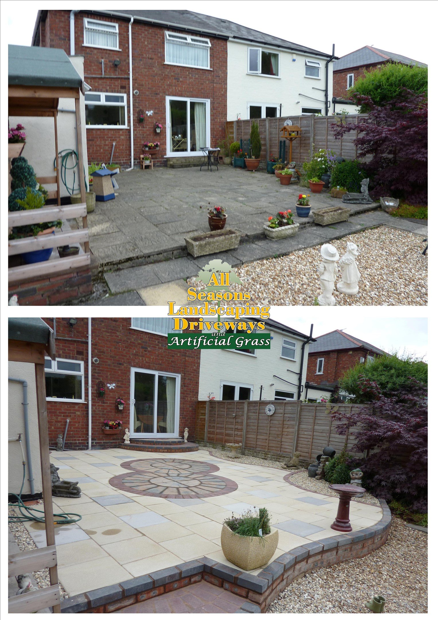 Original 1990s concrete patio in Sutton Coldfield, cracked and dished towards the back of the house.